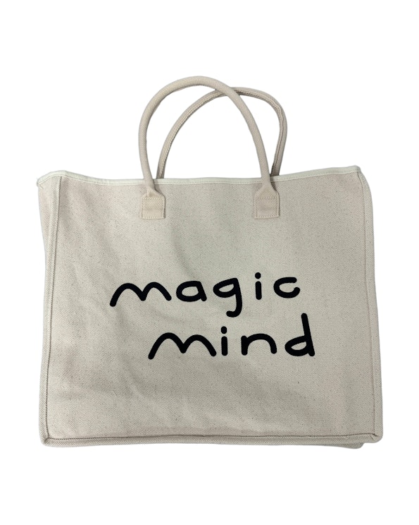 Screen printed natural canvas heavy tote bag with black hand-drawn lettering, produced by MerchCamp for Magic Mind