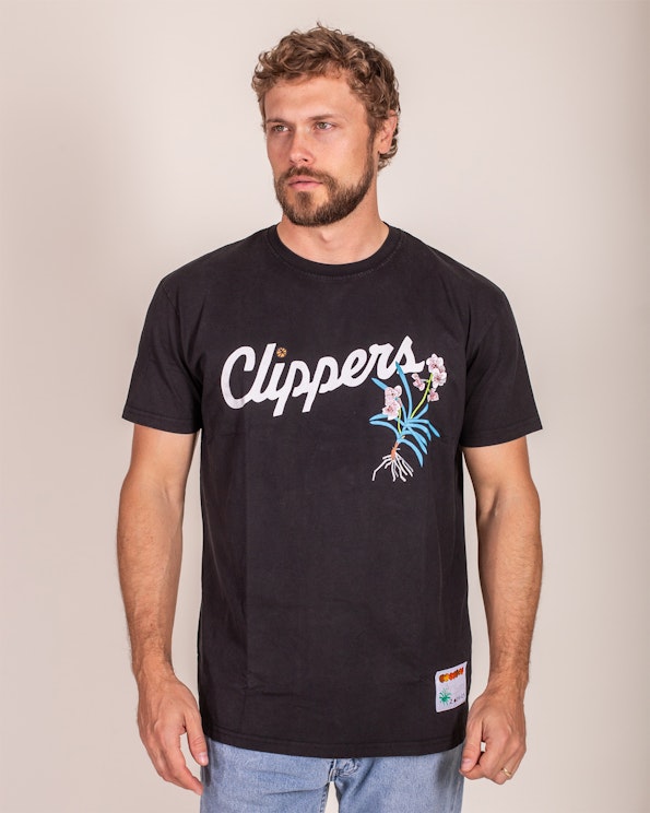 Screen printed black cotton tee with script lettering and floral orchid graphic, produced by MerchCamp for LA Clippers
