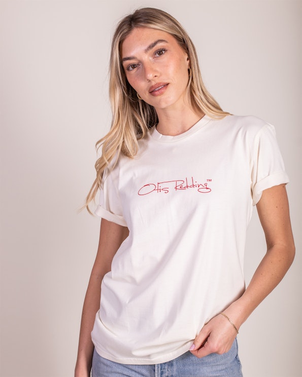 Screen printed cream cotton tee with red cursive Otis Redding signature graphic, produced by MerchCamp for Otis Redding