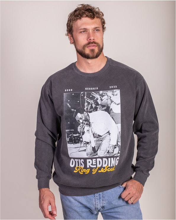Screen printed washed charcoal crewneck sweatshirt with vintage black-and-white concert photo, produced by MerchCamp for Otis Redding