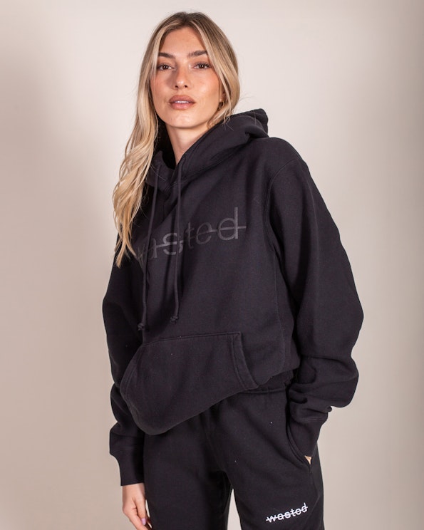 Printed black fleece sweat set with tonal "wasted" chest graphic and white logo on pants, produced by MerchCamp for Hiyo