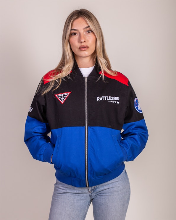Full custom black and blue color-blocked race jacket with red shoulder panels, produced by MerchCamp for Brownies & Lemonade