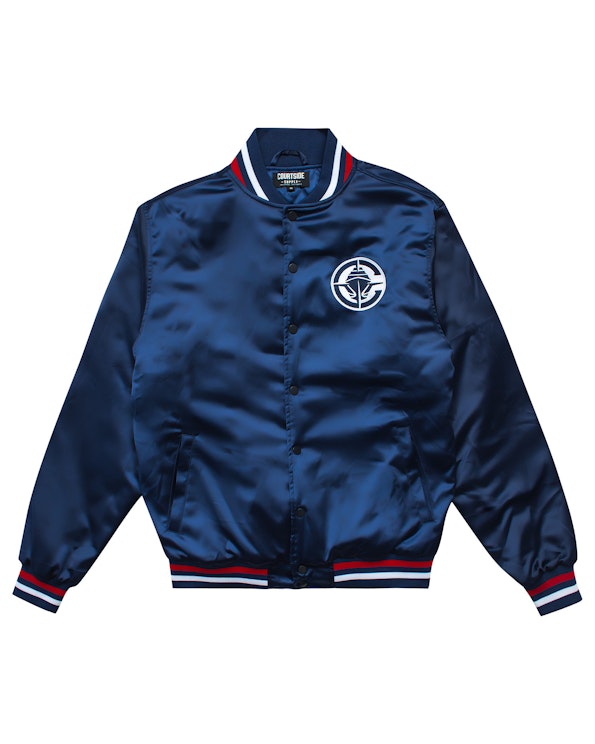 Full custom navy satin bomber jacket with embroidered chest logo and striped rib trim, produced by MerchCamp for LA Clippers