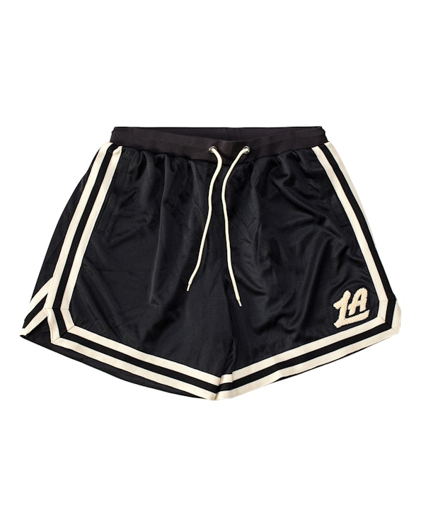 Full custom black mesh basketball shorts with cream chenille LA patch and stripe trim, produced by MerchCamp for LA Clippers