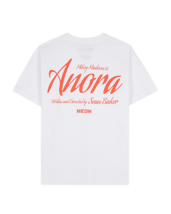 Screen printed white cotton tee with coral script typography and film credits, produced by MerchCamp for NEON Rated