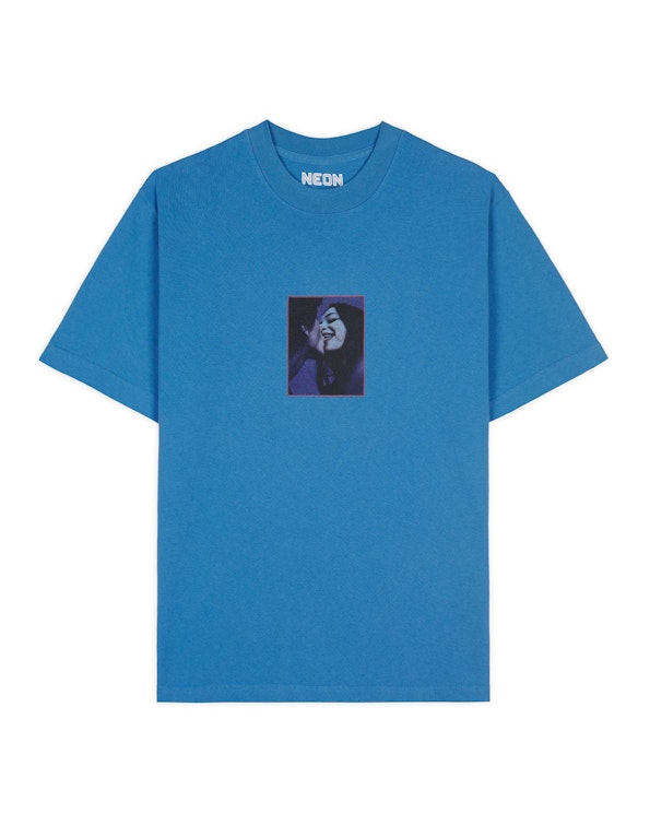 Screen printed blue cotton graphic tee with dark-toned portrait photo print, produced by MerchCamp for NEON Rated