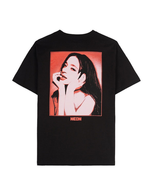 Screen printed black cotton tee with red-toned portrait graphic and NEON text, produced by MerchCamp for NEON Rated