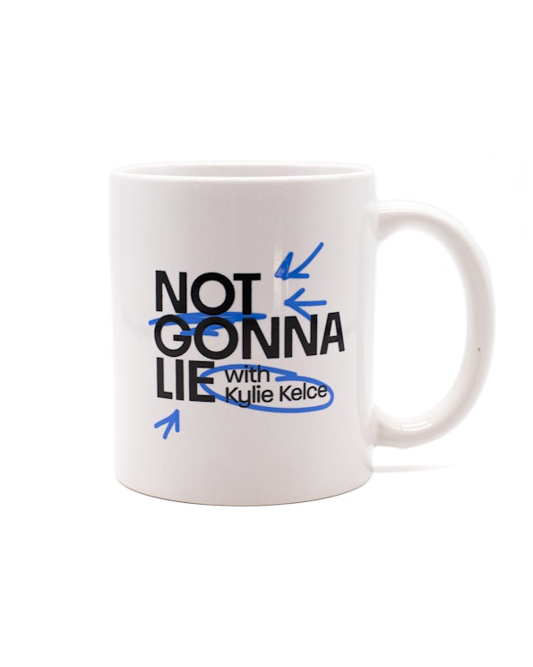 Custom printed white ceramic mug with bold black text and blue hand-drawn arrow, produced by MerchCamp for Wave Sports + Entertainment