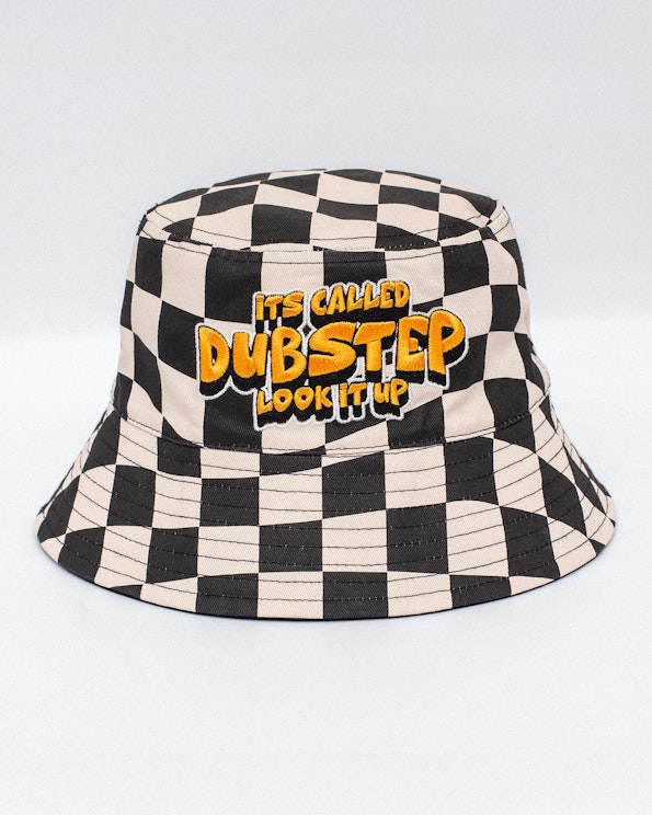 Full custom checkered bucket hat with embroidered orange dubstep lettering, produced by MerchCamp for Bear Grillz