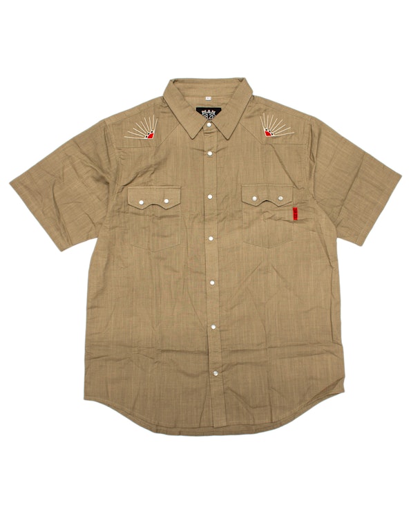 Full custom tan western pearl snap shirt with embroidered sunburst shoulder motifs, produced by MerchCamp for 18.21 Man Made