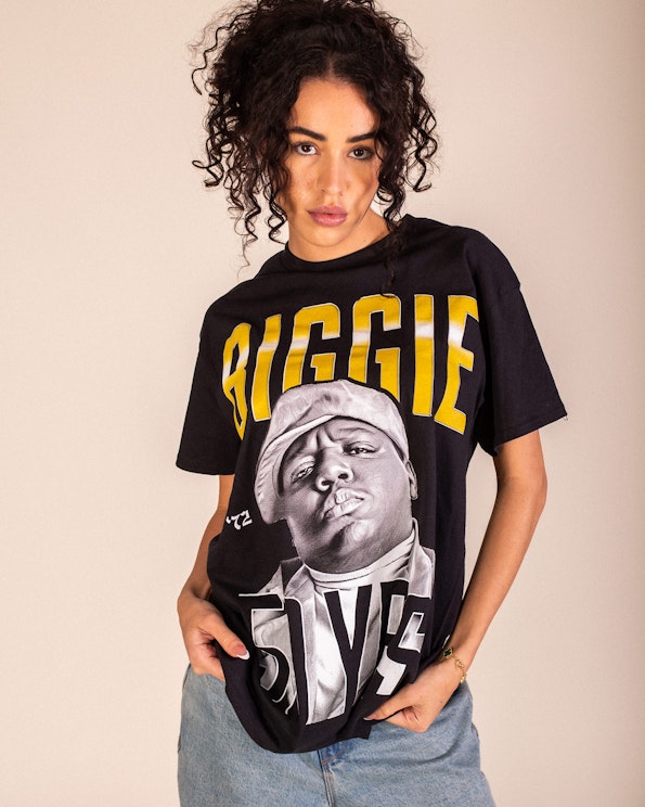Screen printed black cotton graphic tee with oversized portrait and bold yellow lettering, produced by MerchCamp for Biggie Smalls