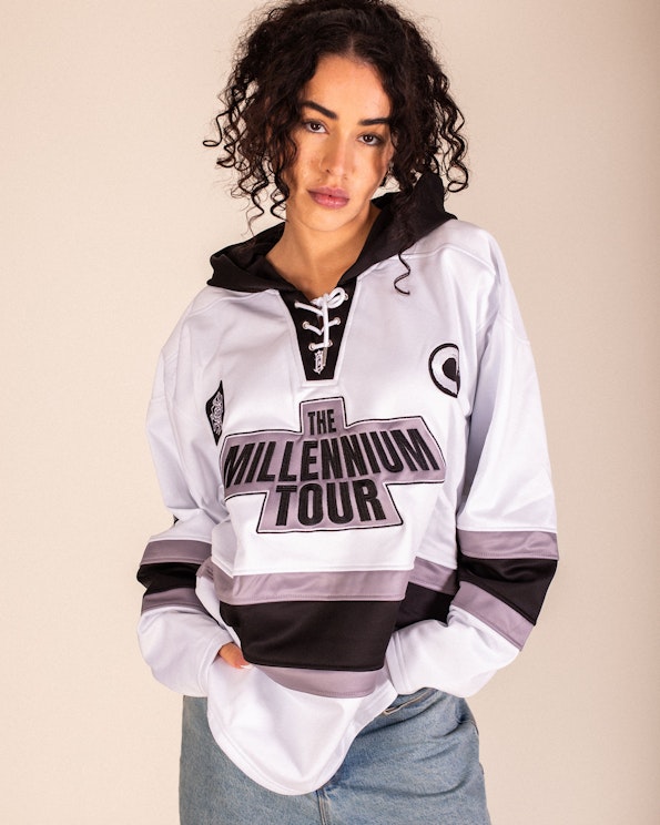 Full custom white hooded hockey jersey with black lace-up neck and grey stripe trim, produced by MerchCamp for Omarion Worldwide
