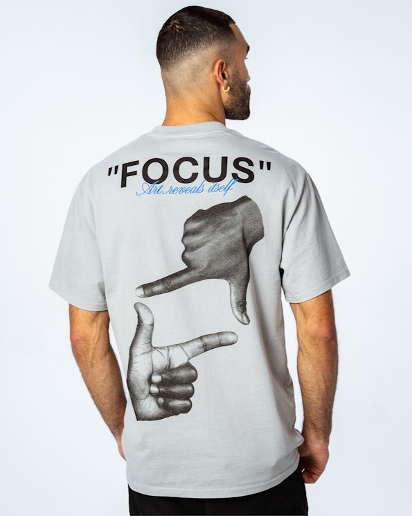 Screen printed light grey cotton tee with grayscale hand-frame graphic and blue script, produced by MerchCamp for MPower6 Gym
