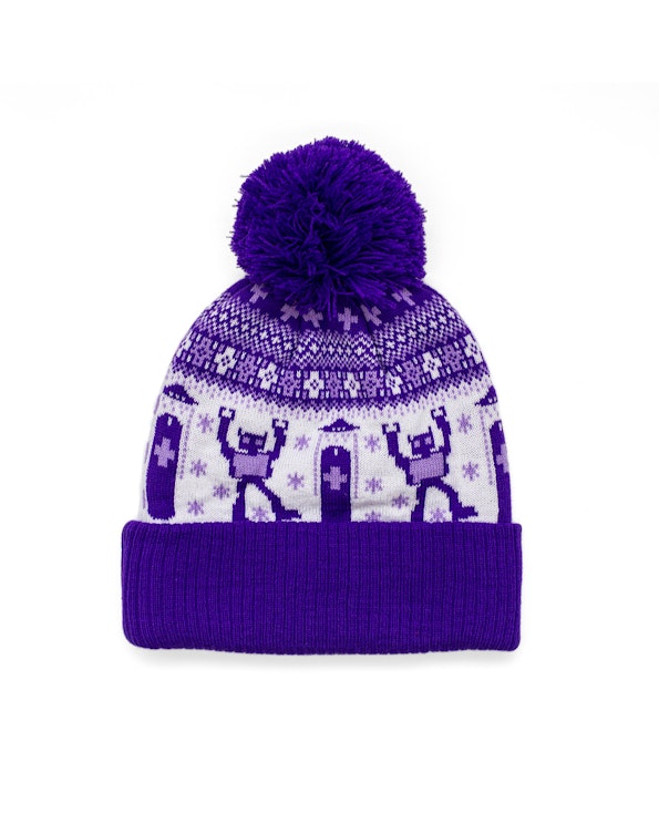 Full custom purple and white knit pom beanie with fair isle pattern and yeti motifs, produced by MerchCamp for Roku