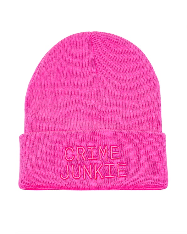 Embroidered neon pink knit beanie with tonal pink lettering and folded cuff, produced by MerchCamp for Audiochuck