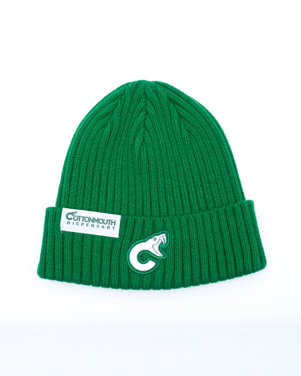 Full custom green ribbed knit beanie with embroidered snake logo patch and woven label, produced by MerchCamp for Cottonmouth