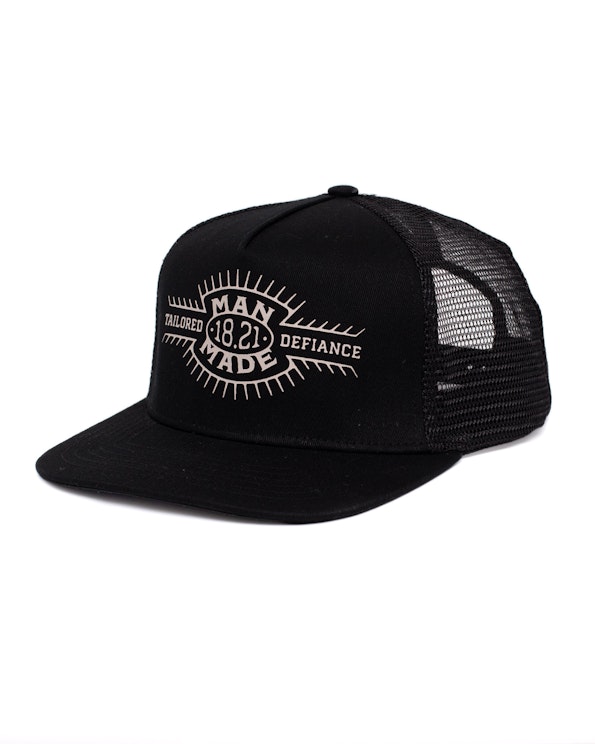 Screen printed black flat bill trucker hat with cream vintage logo and mesh back, produced by MerchCamp for 18.21 Man Made