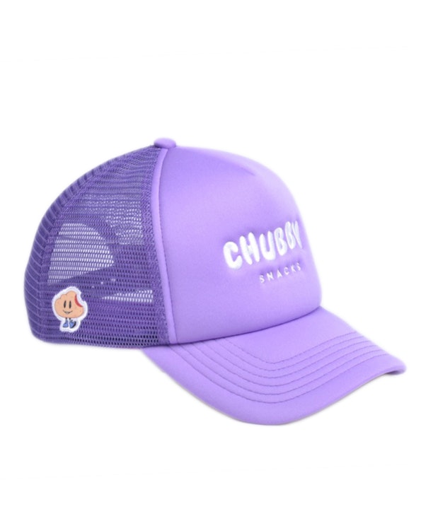 Puff printed lavender mesh trucker hat with tonal branding and cartoon character patch, produced by MerchCamp for Chubby Snacks