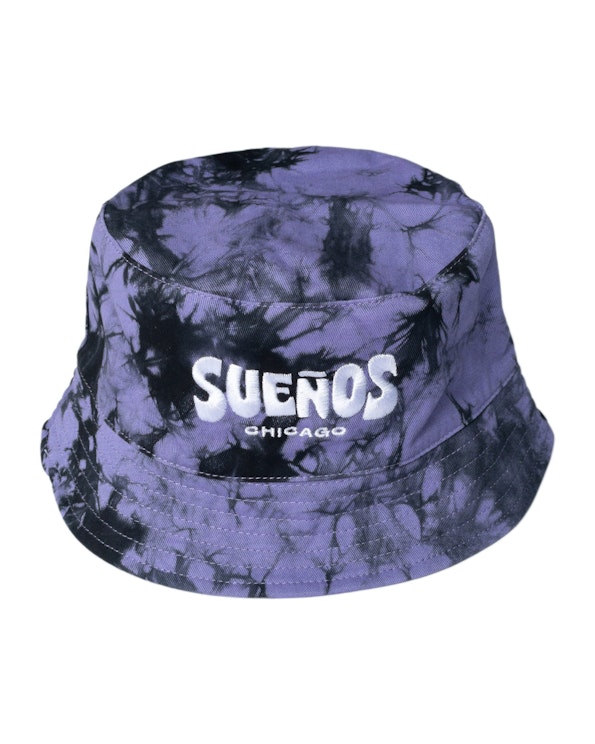 Embroidered purple and black tie-dye cotton bucket hat with white logo lettering, produced by MerchCamp for Live Nation