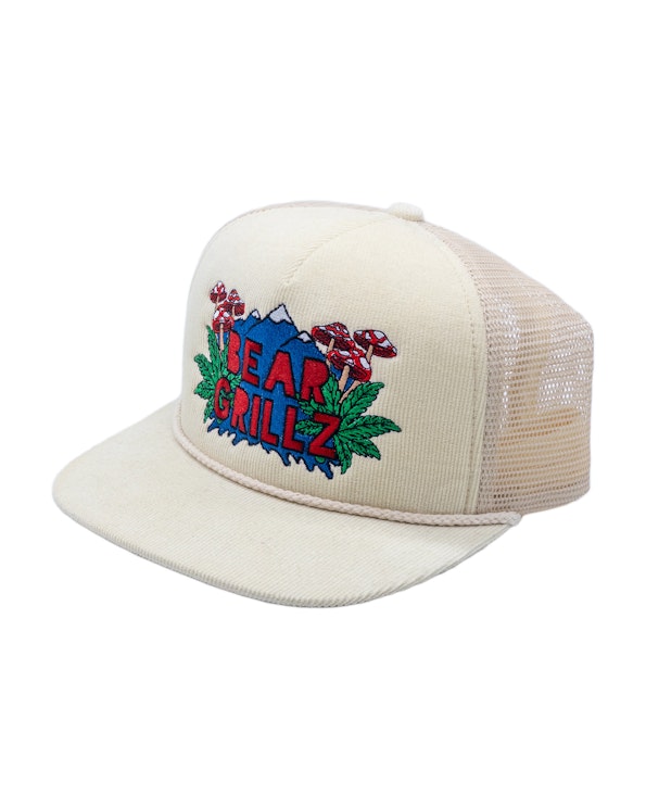 Embroidered cream corduroy trucker hat with mesh back, mushroom and mountain design, produced by MerchCamp for Bear Grillz
