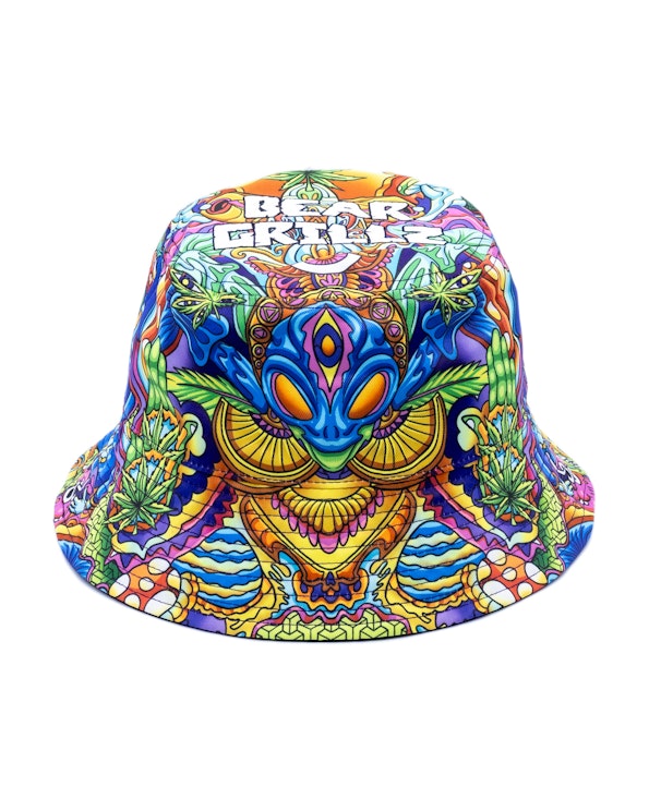 Sublimated psychedelic all-over print reversible bucket hat with vibrant neon alien artwork, produced by MerchCamp for Bear Grillz