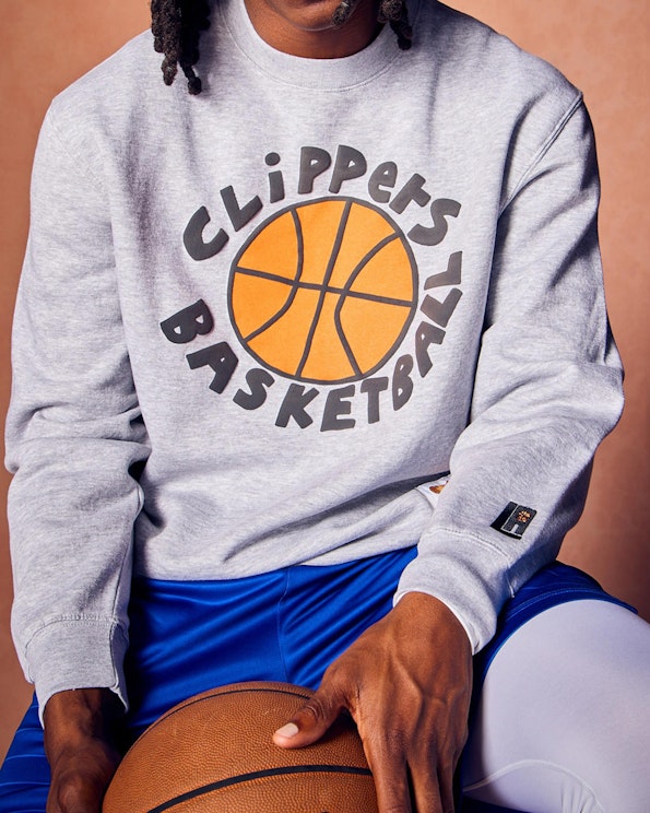 Screen printed heather grey fleece crewneck with orange basketball graphic and bold text, produced by MerchCamp for LA Clippers