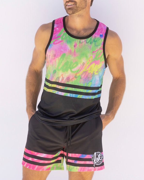 Sublimated neon graffiti tank top and black drawstring board shorts with love script, produced by MerchCamp for Ruben Rojas