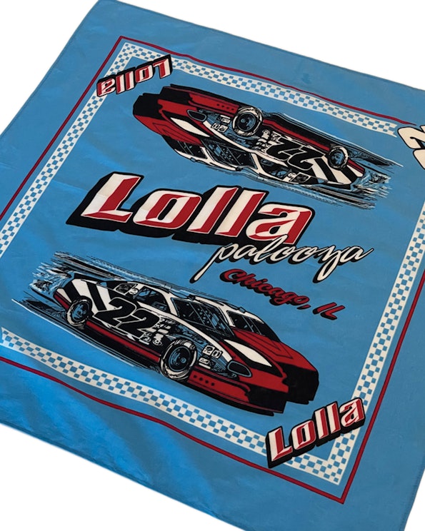 Full custom blue racing bandana with stock car graphics and checkered border, produced by MerchCamp for Lollapalooza
