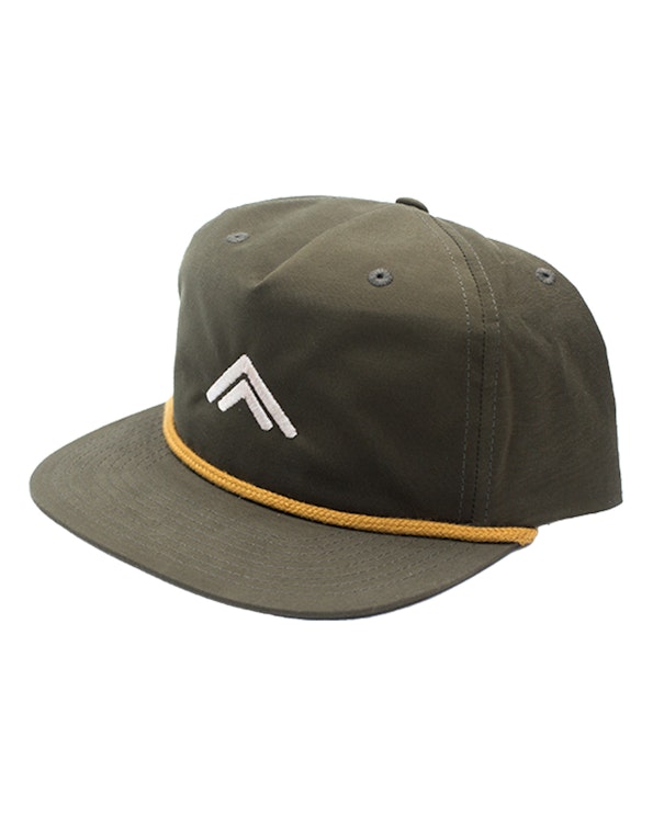 Embroidered olive canvas flat brim rope hat with white chevron logo and gold cord, produced by MerchCamp for Summit Series