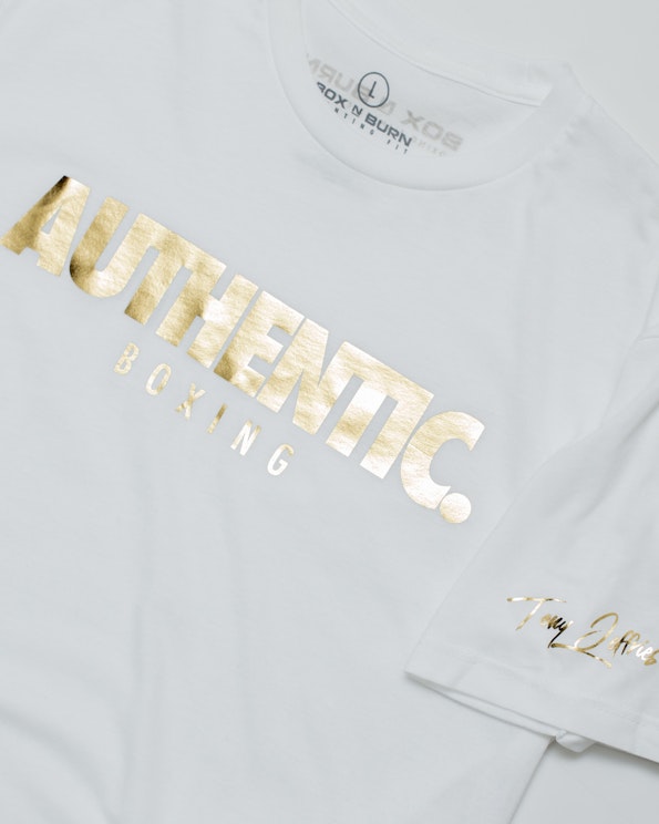 Screen printed gold foil printed white cotton tee with metallic boxing typography and script, produced by MerchCamp for Box N Burn