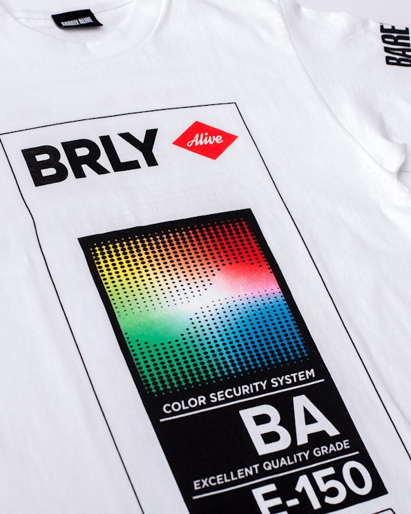 Screen printed white cotton graphic tee with multicolor halftone color chart design, produced by MerchCamp for Barely Alive