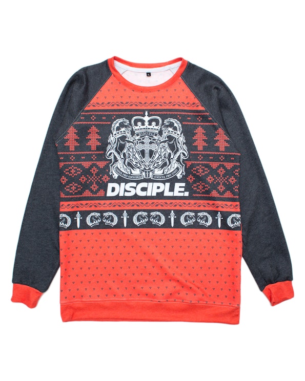 Sublimated red and charcoal Christmas crewneck sweatshirt with heraldic crest and fair, produced by MerchCamp for Disciple Records
