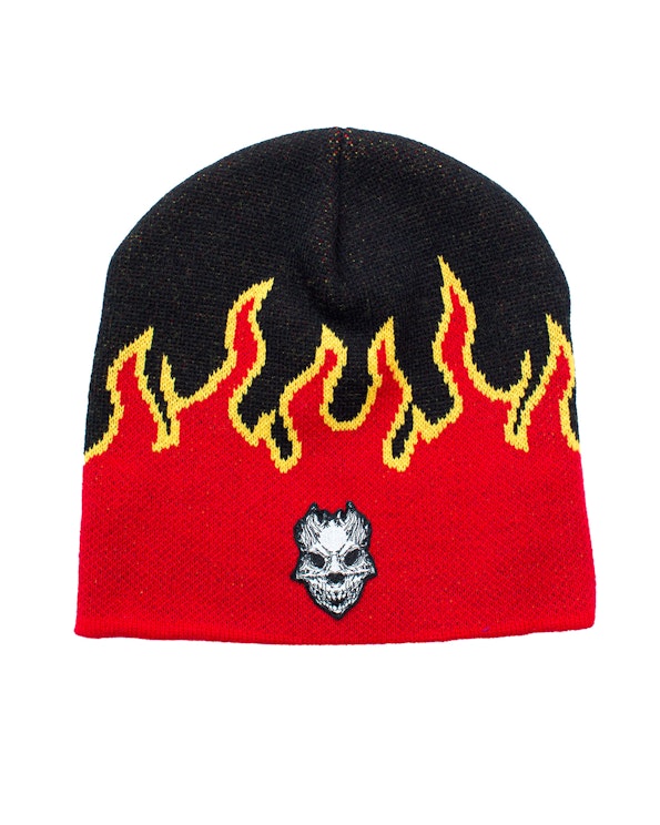 Full custom black and red knit beanie with flame pattern and embroidered skull patch, produced by MerchCamp for Bear Grillz