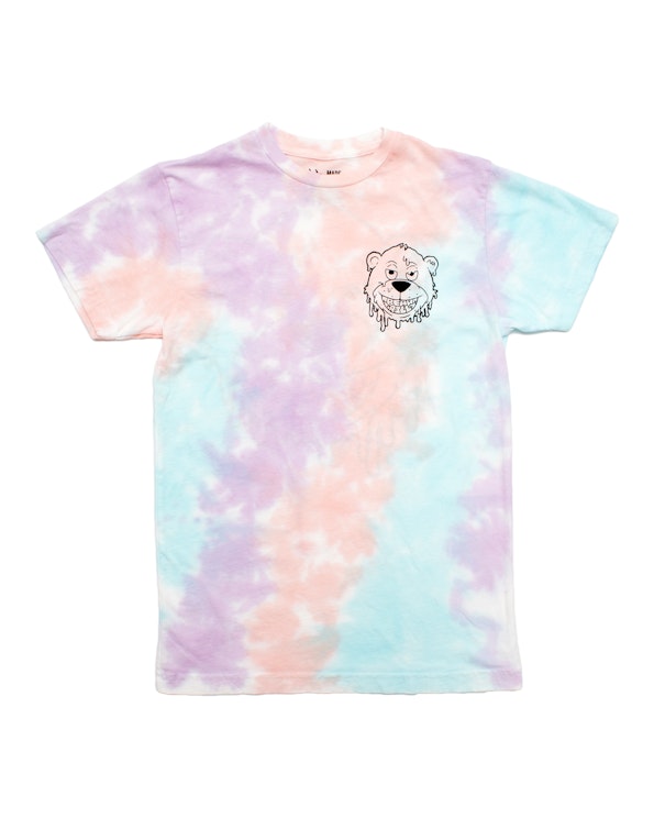 Screen printed pastel tie-dye cotton tee with dripping bear face graphic, produced by MerchCamp for Bear Grillz