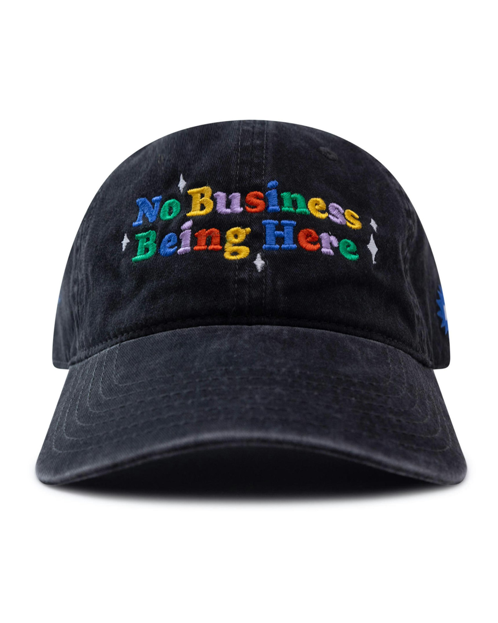 Black washed dad cap with colorful "No Business Being Here" embroidery — WAVE Sports + Entertainment merchandise by MerchCamp