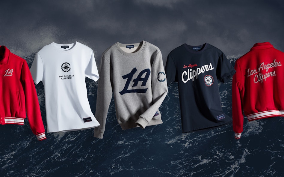 Collection of LA Clippers branded apparel including varsity jackets, crewneck sweatshirts, and graphic tees, produced by MerchCamp for LA Clippers