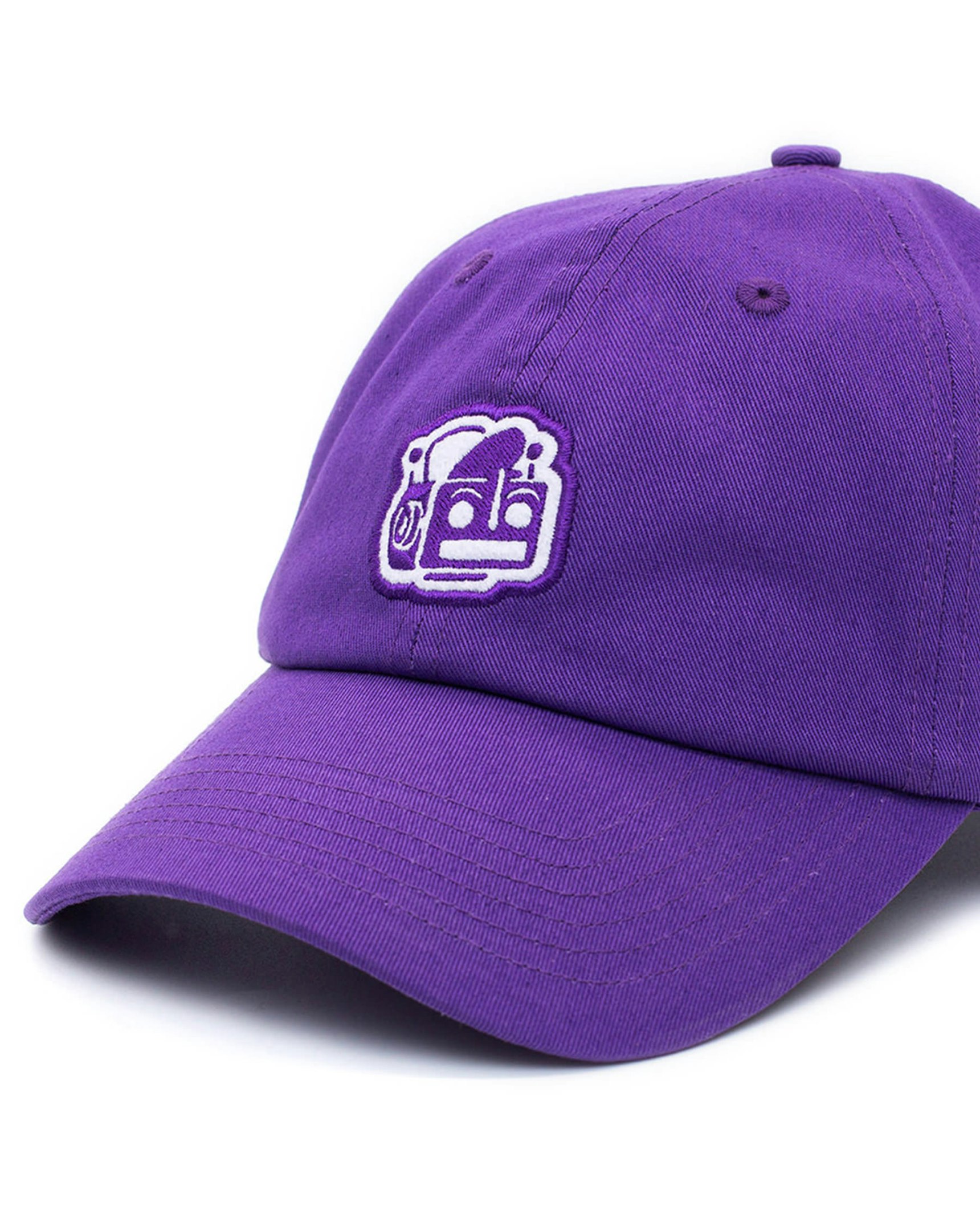 Purple dad cap with embroidered white and purple cartoon robot logo on front panel — Roku merchandise by MerchCamp
