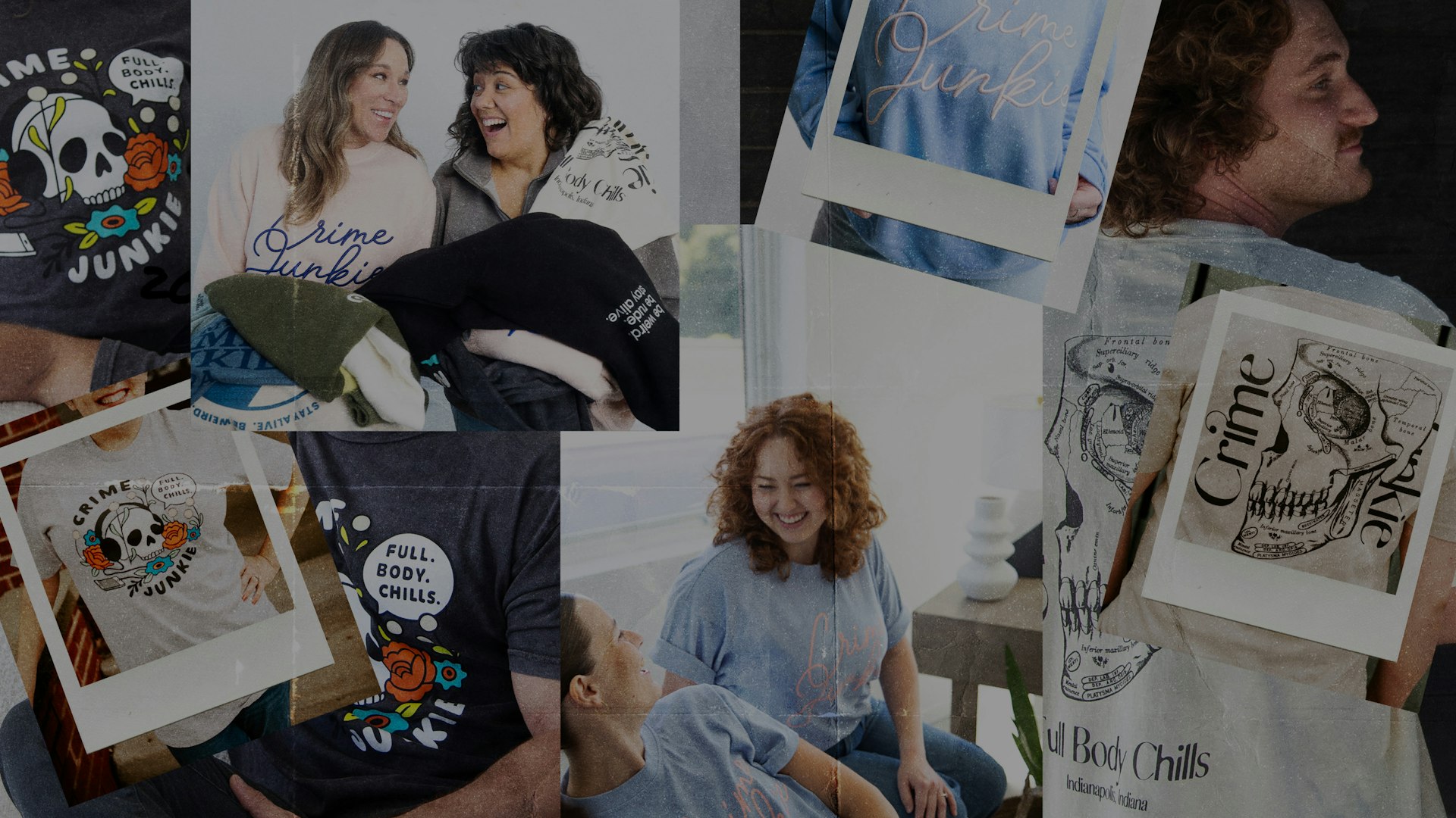 Collage of people modeling Crime Junkie podcast merch including skull graphic tees — Crime Junkie merchandise by MerchCamp