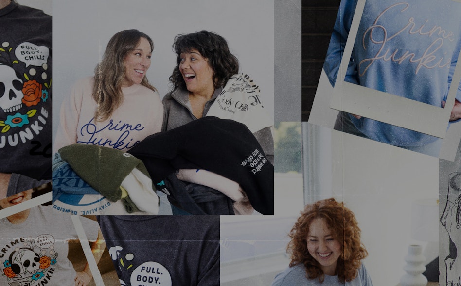 Collage of Crime Junkie podcast branded merchandise including graphic tees with skull and floral designs and hoodies, produced by MerchCamp for Crime Junkie