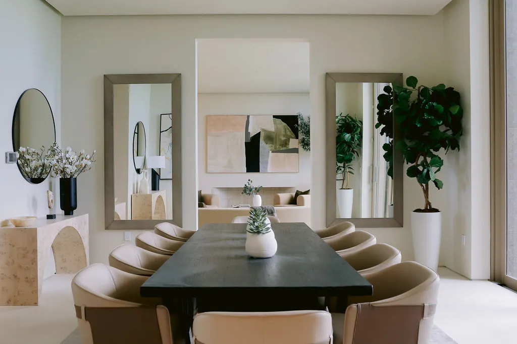 neutral dining table decor and interior design and abstract wall art 