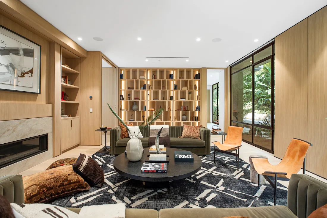 Meridith-Baer-Home-Home-Staging-Southern-California-Beverly-Hills-Modernist-Luxury-Homes-Modern-and-Contemporary-Library-With-Fireplace