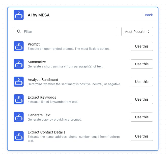 AI by MESA workflow actions