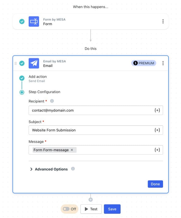 Email workflow action