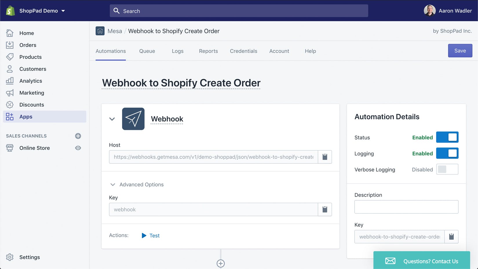 MESA webhook automation step