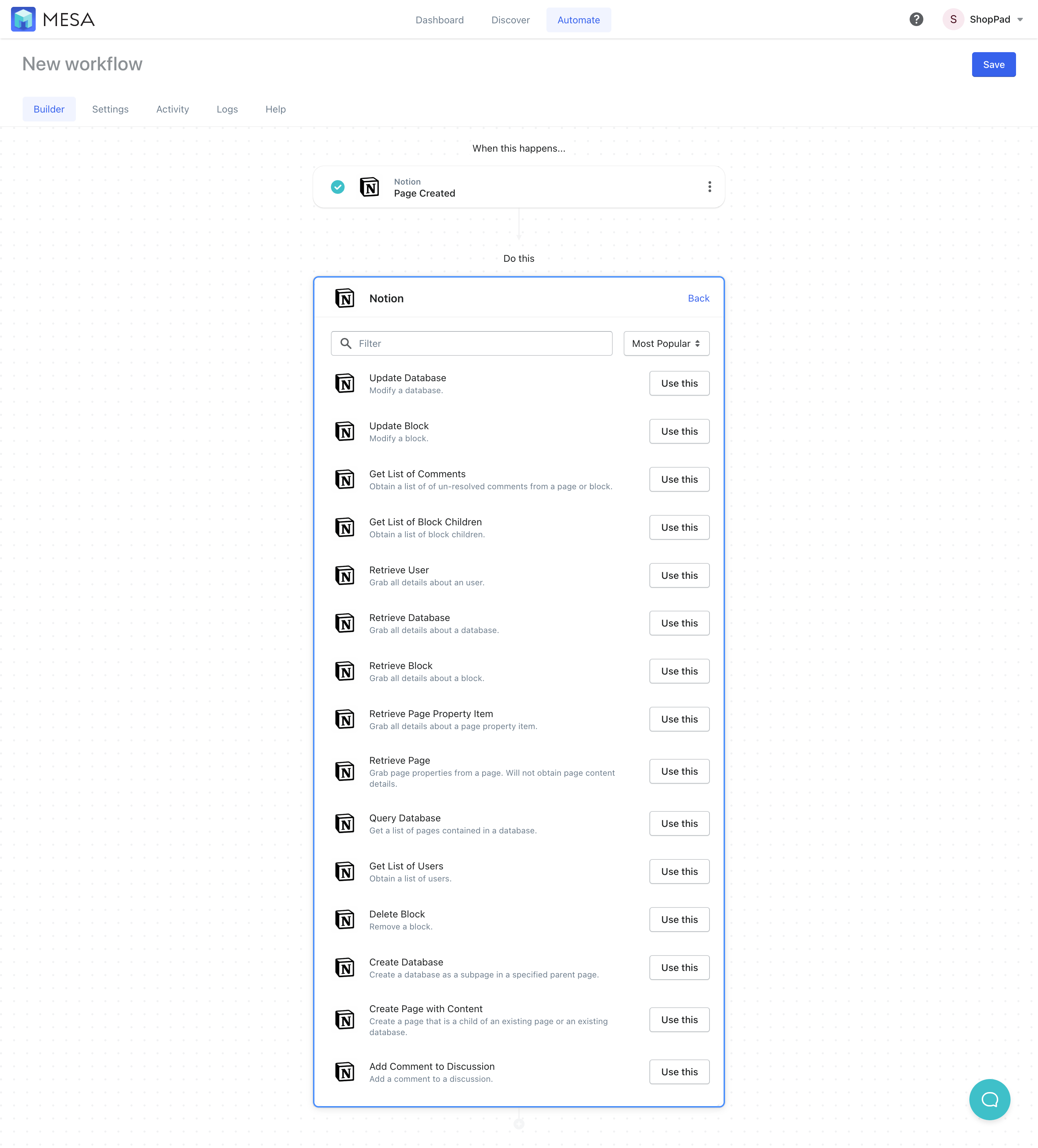 Notion workflow actions