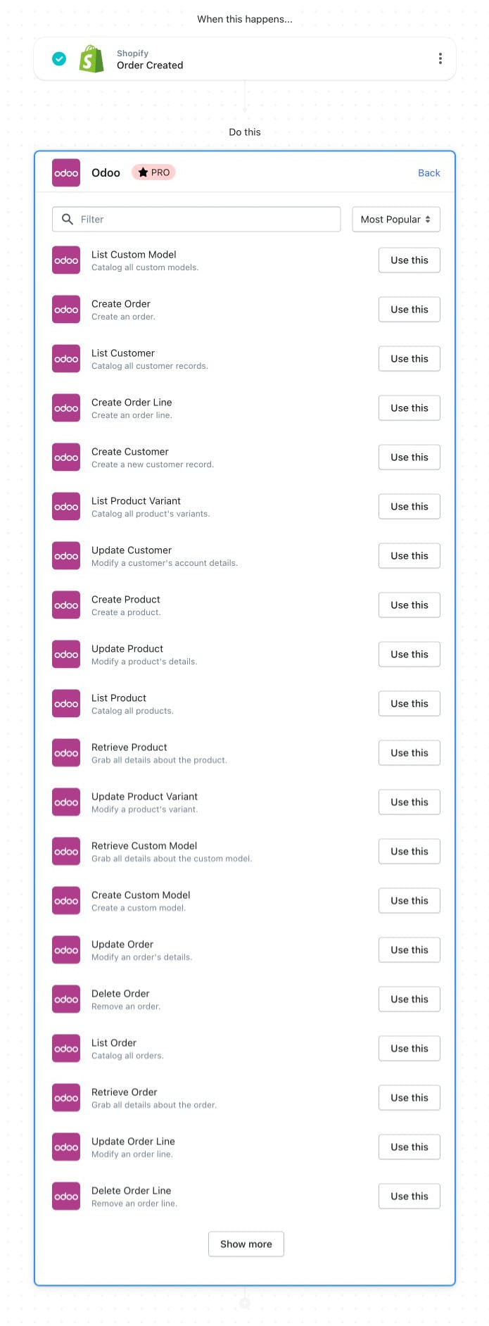 Odoo integration actions