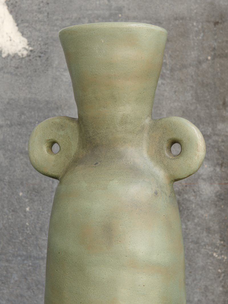 Colour image displaying Vase in jade green by Jade Paton. This one-of-a-kind ceramic object belongs to the new 2024 spring collection 'Observations' by online gallery Metamorphoses Objects.