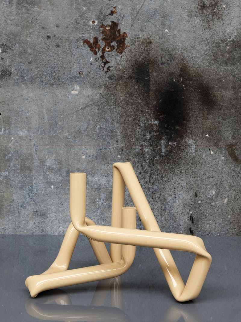 Colour image of the handmade Bucatini aluminium candle holder in shiny beige by Danish design studio A.O.T. The object is part of the new 2024 spring collection 'Observations' by online gallery Metamorphoses Objects