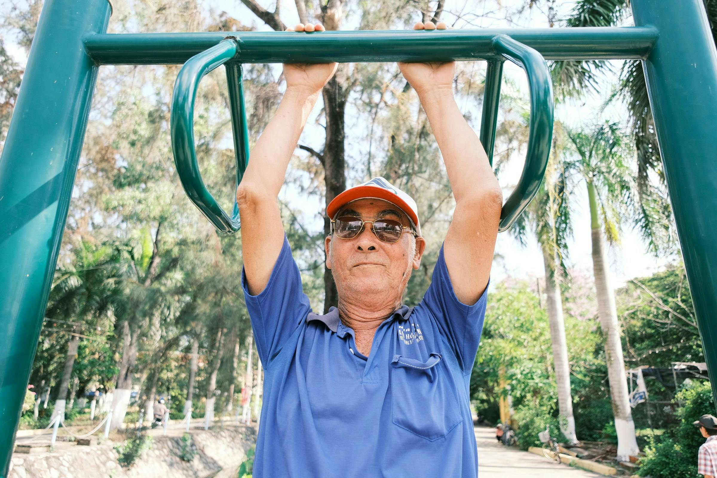 A middle aged man exercising