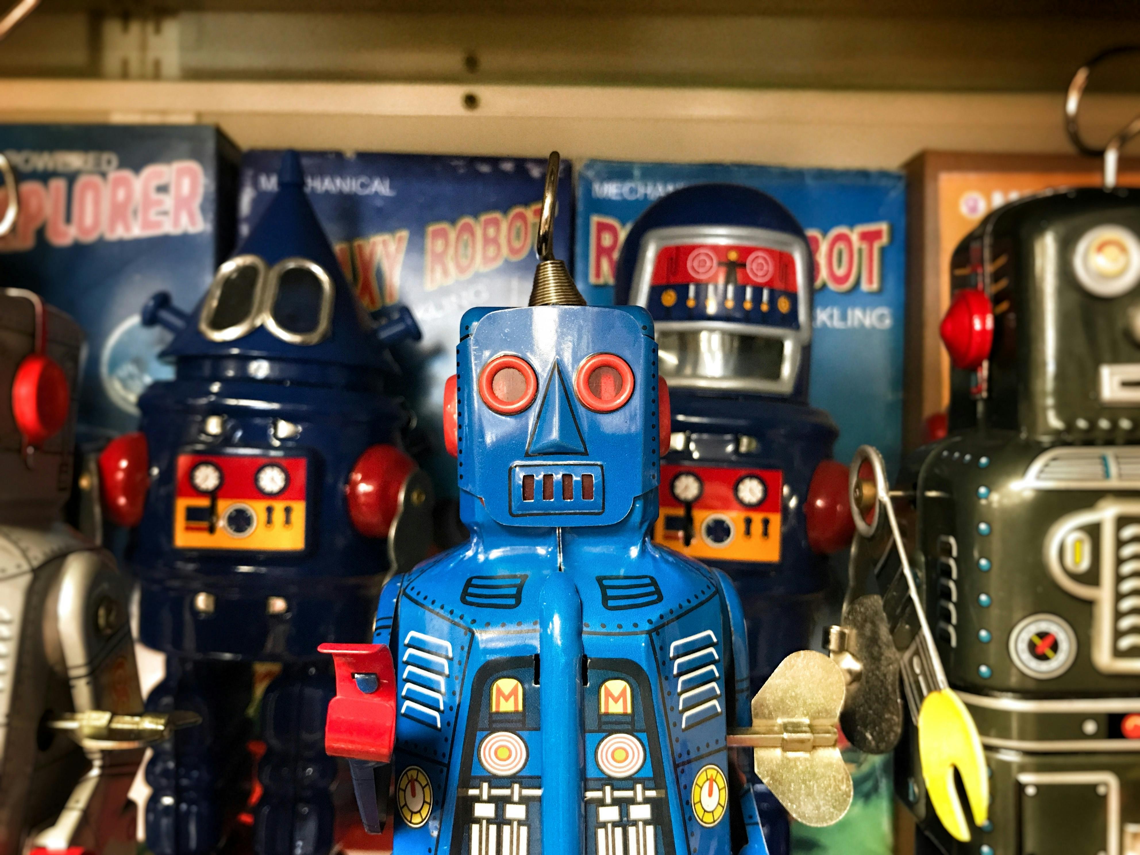 Toy robots on a toy store shelf